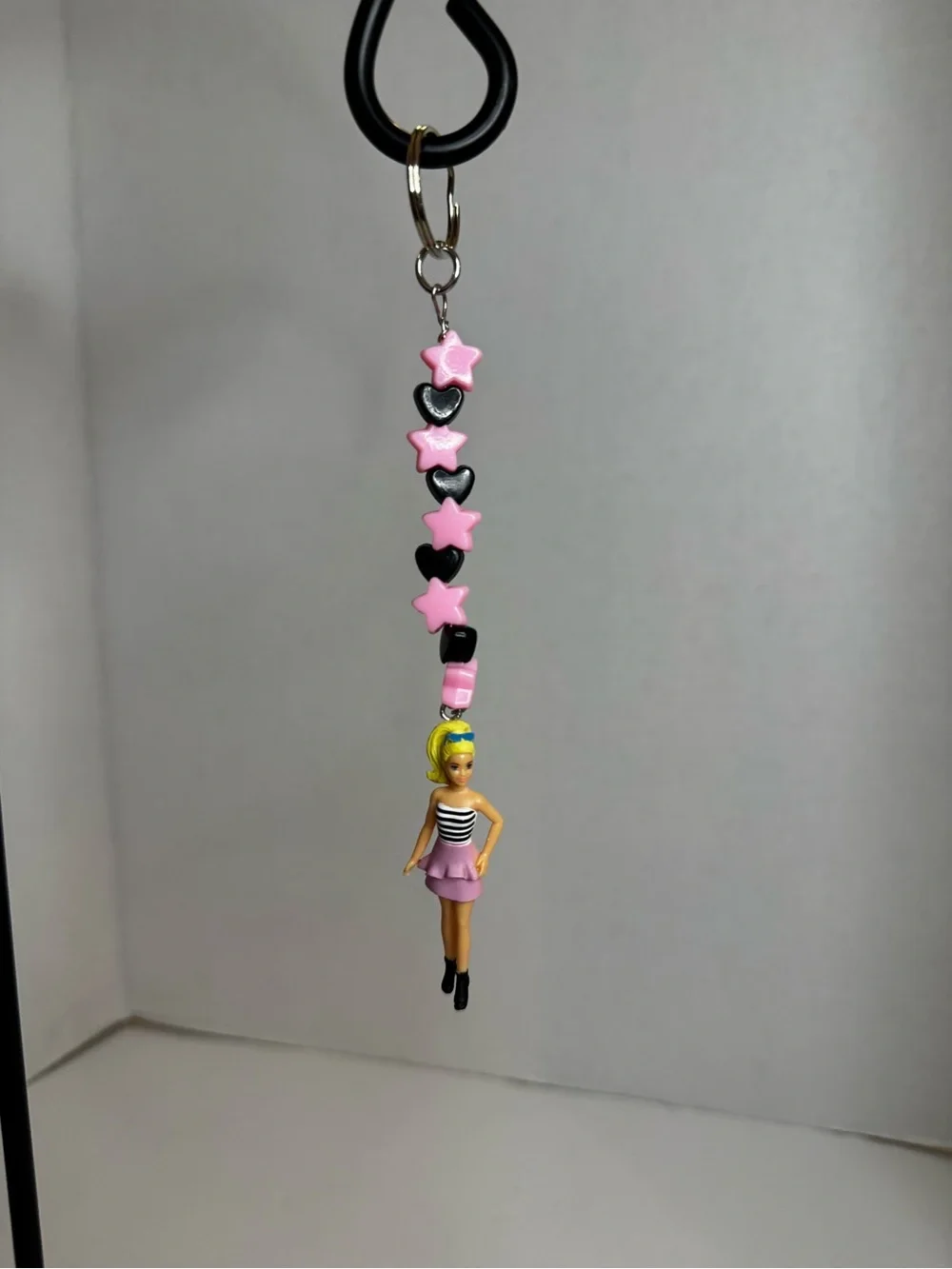 Barbie Pink & Black Star Bead Keychain with Doll Charm